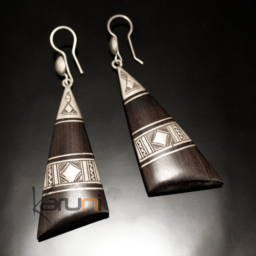 Bijoux Ethniques Touareg Boucles d'Oreilles en Argent et Ebne 06 Triangle Long Bandes