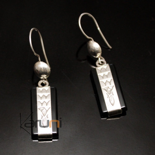 Bijoux Touareg Ethniques Boucles d'Oreilles en Argent et Pierre 20 Onyx Rectangle