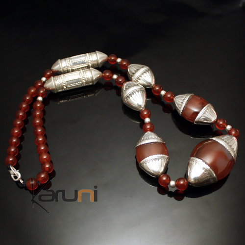 Bijoux Touareg Ethniques Collier Argent et perles d'Agate - KARUNI b