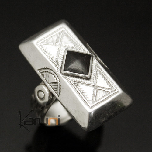 Bague en Argent 925 et ébène 010 Rectangle Diamant