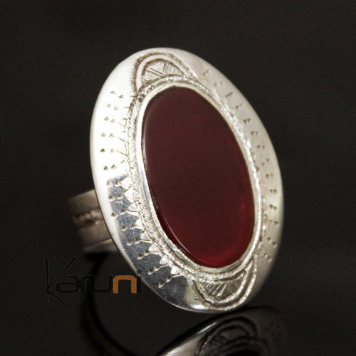 Bague en Argent et Agate Rouge 04 Ovale Gravé