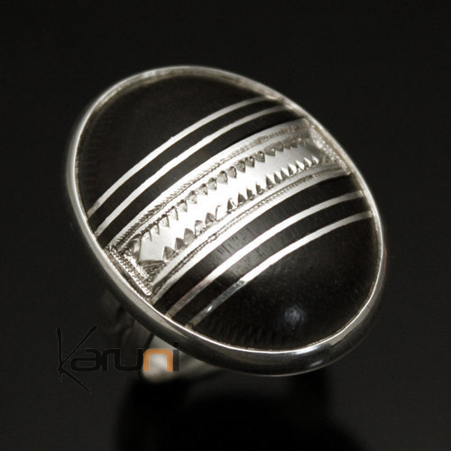 Bague en Argent 925 et ébène 030 Homme/Femme Grand Ovale Bande Horizontale Lignes