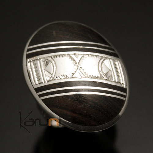 Bague en Argent 925 et ébène 031 Homme/Femme Grand Ovale Bande Diagonale Style