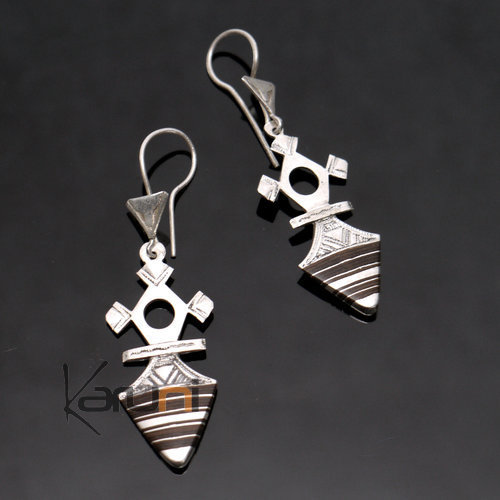 Bijoux Ethniques Touareg Boucles d'Oreilles en Argent et Ebne 76 Croix du Sud d'Inabagret Niger 5 cm