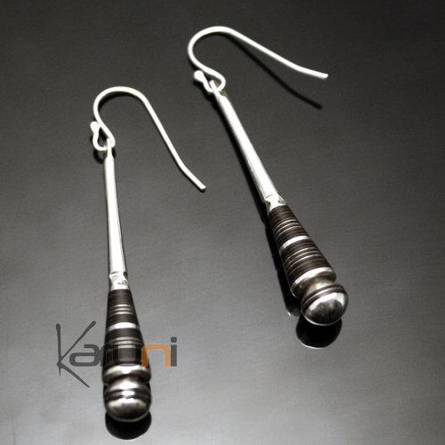 Bijoux Touareg Ethniques Boucles d'Oreilles en Argent et Ebne Massues 44 Attaches Sombres Perle Boule