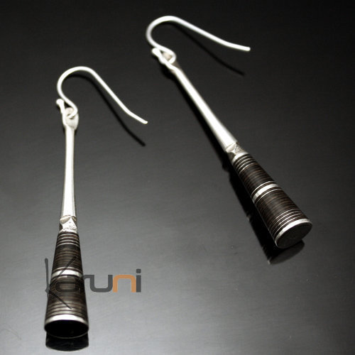 Bijoux Touareg Ethniques Boucles d'Oreilles en Argent et Ebne Massues 39 Attaches Sombres Double Lignes Graves Boule