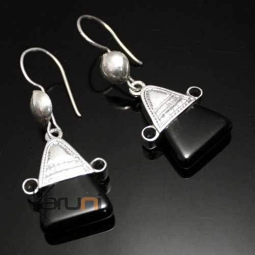 Bijoux Touareg Ethniques Boucles d'Oreilles Argent et Onyx Triangle - KARUNI