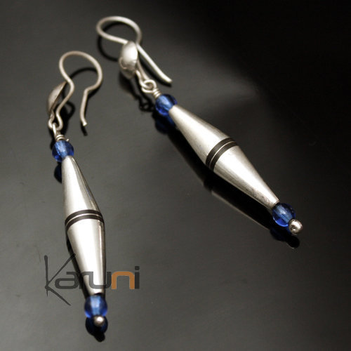 Bijoux Touareg Ethniques Boucles d'oreilles en Argent 03 Perle Losange Bleu