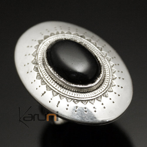 Bijoux Touareg Ethniques Bague en Argent et Onyx Noir 29 Grand Ovale Grav
