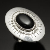Bijoux Touareg Ethniques Bague en Argent et Onyx Noir 29 Grand Ovale Grav