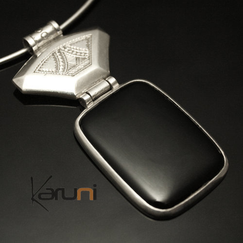 Collier Pendentif en Argent et Pierre Onyx Noir 09 Rectangle