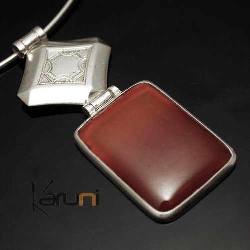 Collier Pendentif en Argent et Pierre Agate Rouge 27 Rectangle Pendant