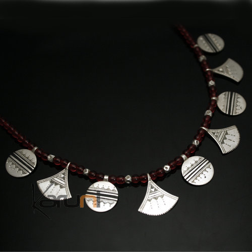 Bijoux Touareg Ethniques Collier en Argent et Perles Shat-shat Rouge fleur et rond- KARUNI