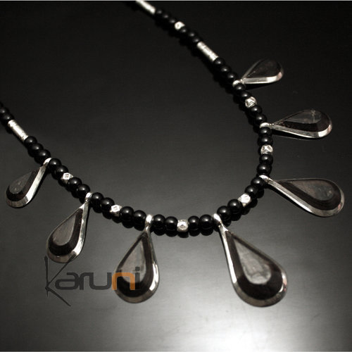 Bijoux Touareg Ethniques Collier en Argent et Perles Onyx Gouttes en bne - KARUNI