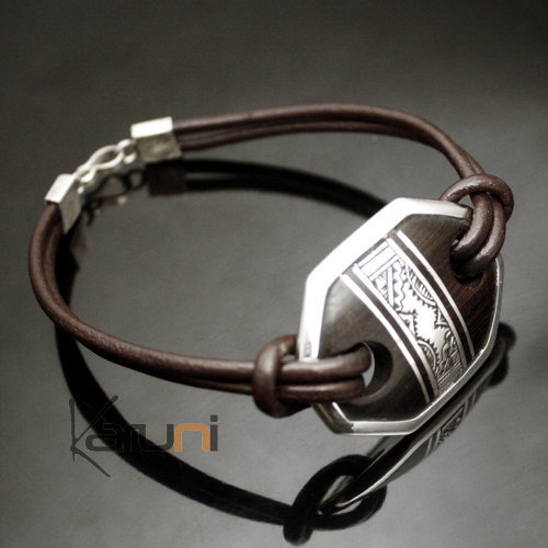 Bracelet en Cuir Argent et Ebne losange 03 - KARUNI