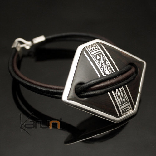 Bijoux Ethniques Touareg Bracelet en Cuir Argent et Ebène losange 04 - KARUNI