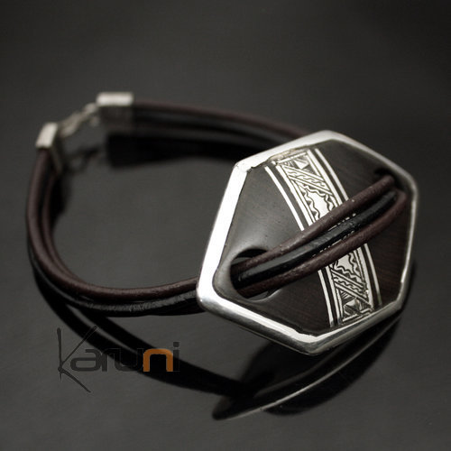 Bijoux Ethniques Touareg Bracelet en Cuir Argent et Ebène losange 05 - KARUNI