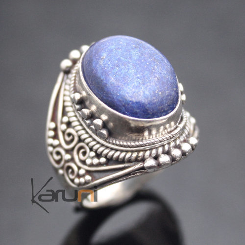 Bijoux Ethniques Indiens Bague en Argent Massif 925 Nepal 32 Chevalire Lapis-Lazuli Filigranes