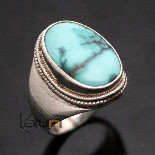 Bague en Argent Massif 925 Nepal 60 Chevalière Turquoise Homme-Femme