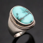 Bijoux Ethniques Indiens Bague en Argent Massif 925 Nepal 60 Chevalire Turquoise Homme-Femme