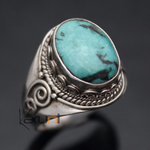 Bague en Argent Massif 925 Nepal 61 Chevalière Turquoise Homme-Femme