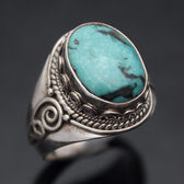 Bijoux Ethniques Indiens Bague en Argent Massif 925 Nepal 61 Chevalire Turquoise Homme-Femme