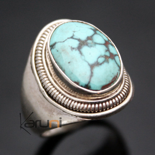 Bijoux Ethniques Indiens Bague en Argent Massif 925 Nepal 62 Chevalire Turquoise Homme-Femme