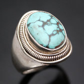 Bijoux Ethniques Indiens Bague en Argent Massif 925 Nepal 62 Chevalire Turquoise Homme-Femme