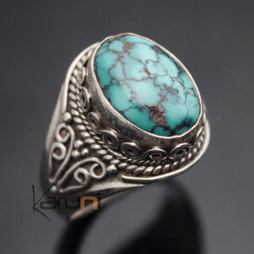 Bijoux Ethniques Indiens Bague en Argent Massif 925 Nepal 43 Chevalire Homme/Femme Turquoise Filigranes