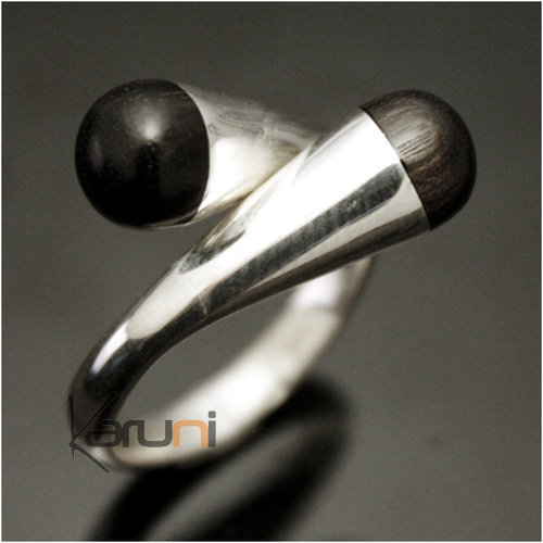 Bague Argent croisée switch réglable clou ébène boule Inspiration Karuni