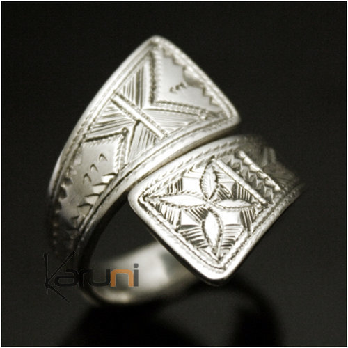 Bague Argent croisée switch plate gravée réglable 1033