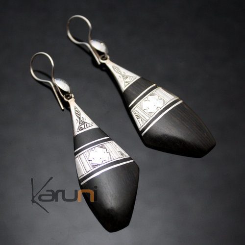 Bijoux Ethniques Touareg Boucles d'Oreilles en Argent et Ebne 57 Longues Triangle