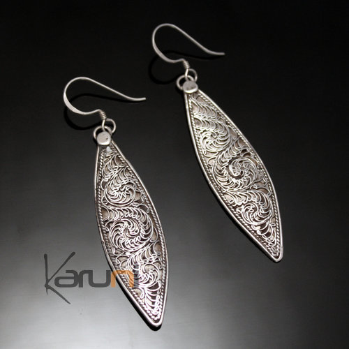 Bijoux Ethniques Indiens Boucles d'oreilles en Argent 925 19 Ankit Navette Filigranes Npal Newari