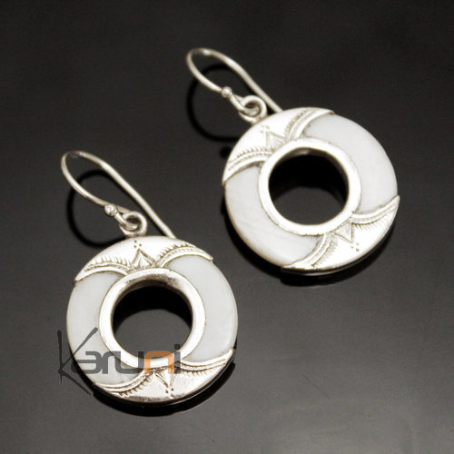 Bijoux Touareg Ethniques Boucles d'Oreilles en Argent et Pierre 10 Rondes Nacre Graves