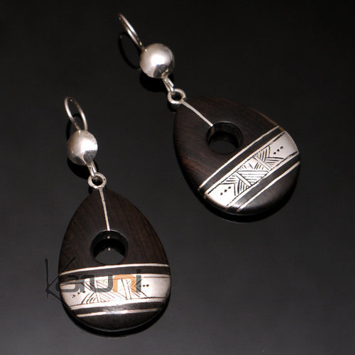 Bijoux Ethniques Touareg Boucles d'Oreilles en Argent et Ebne 67 Galet Bande Grave
