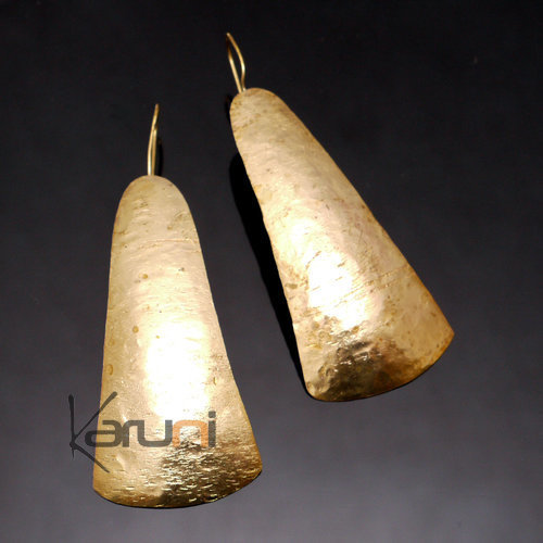 Boucles d'Oreilles Peul Fulani Mali 100 Bronze Doré Feuille Longue Plate Triangle