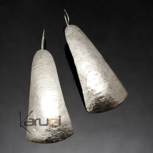 Boucles d'Oreilles Peul Fulani Mali 100P Plaqué Argent Feuille Longue Plate Triangle