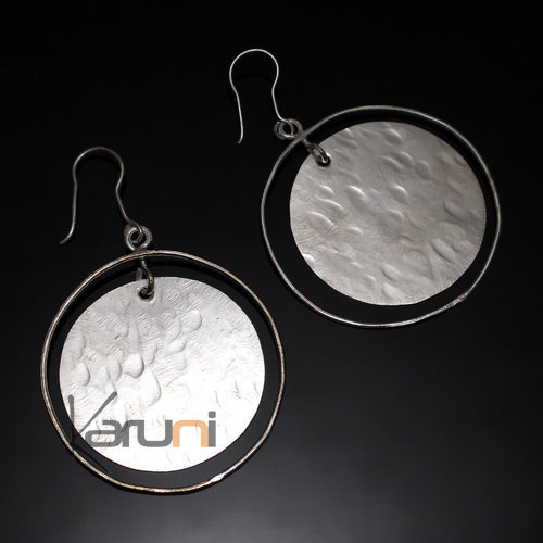 Boucles d'Oreilles Peul Fulani Mali 108PM bain Argent Pendants Ronds Cercle Martelées