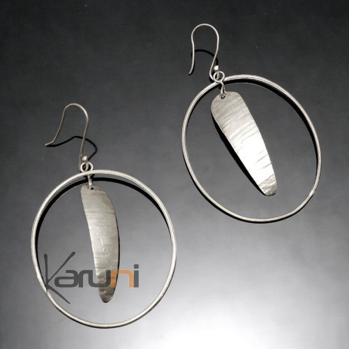 Boucles d'Oreilles Peul Fulani Mali 107P Plaqué Argent Ovales Pendant Feuille