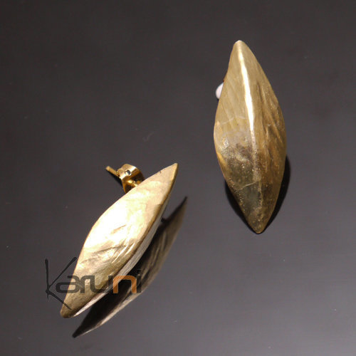 Bijoux Ethniques Africains Boucles d'Oreilles Peul Fulani Mali 46 Bronze Doré Clous Feuille