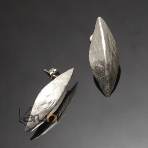 Bijoux Ethniques Africains Boucles d'Oreilles Peul Fulani Mali 46P Plaqu Argent Clous Feuille