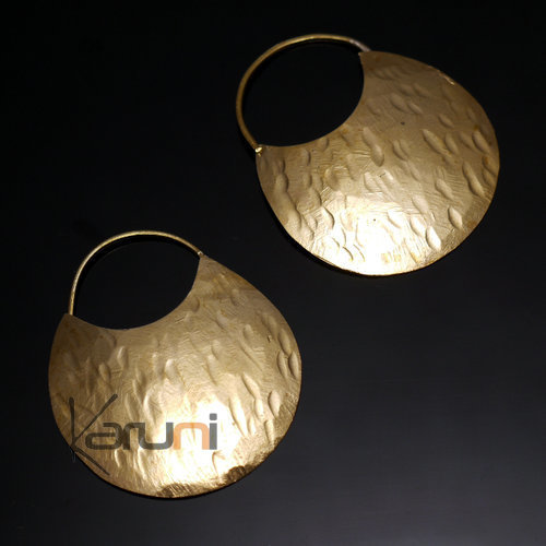 Boucles d'Oreilles Créoles Peul Fulani Mali 111MM Bronze Doré Plates 4 cm Martelées