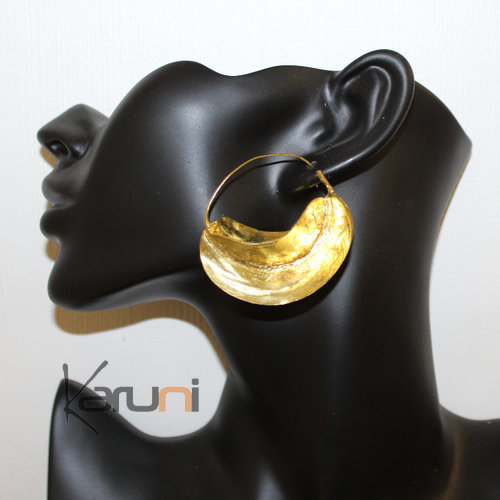 Boucles d'Oreilles Créoles Peul Fulani Mali 11N Bronze Doré 5 cm Feuille Style