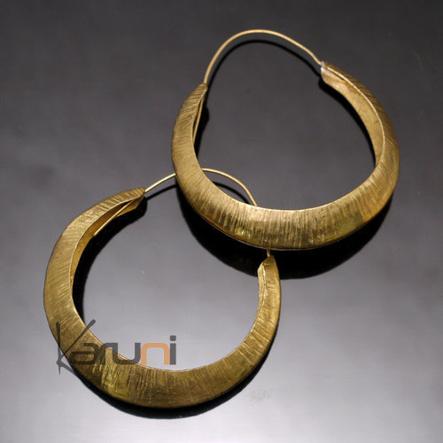 Boucles d'Oreilles Créoles Peul Fulani Mali 109M Bronze Doré Coudes 5 cm Martelées