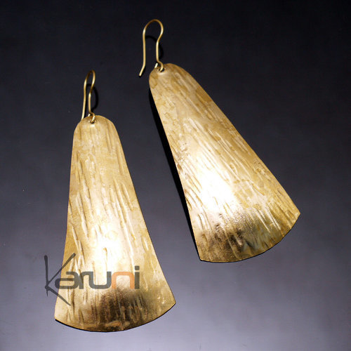 Boucles d'Oreilles Peul Fulani Mali 100A Bronze Doré Feuille Longue Plate Triangle Attache