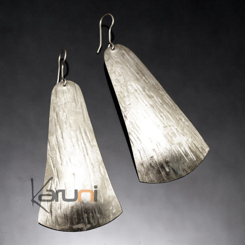 Bijoux Ethniques Africains Boucles d'Oreilles Peul Fulani Mali 100PA Plaqu Argent Feuille Longue Plate Triangle Attache