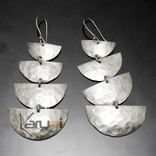 Bijoux Ethniques Africains Boucles d'Oreilles Peul Fulani Mali 114PM Plaqu Argent 4 Lunes Marteles