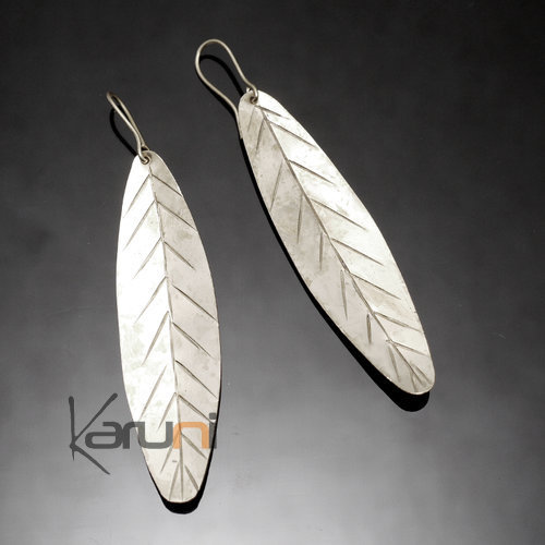 Boucles d'Oreilles Peul Fulani Mali 106PT Plaqué Argent Feuilles Lisses Fines Lignes