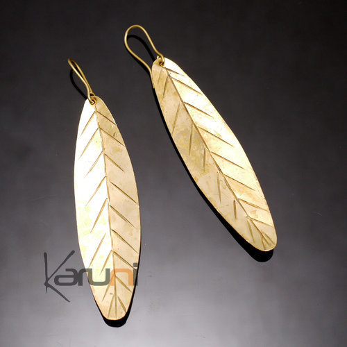 Bijoux Ethniques Africains Boucles d'Oreilles Peul Fulani Mali 106T Bronze Dor Feuilles Lisses Fines Lignes Graves