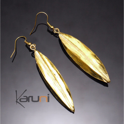 Bijoux Ethniques Africains Boucles d'Oreilles Peul Fulani Mali 33L Bronze Dor Feuille Longue